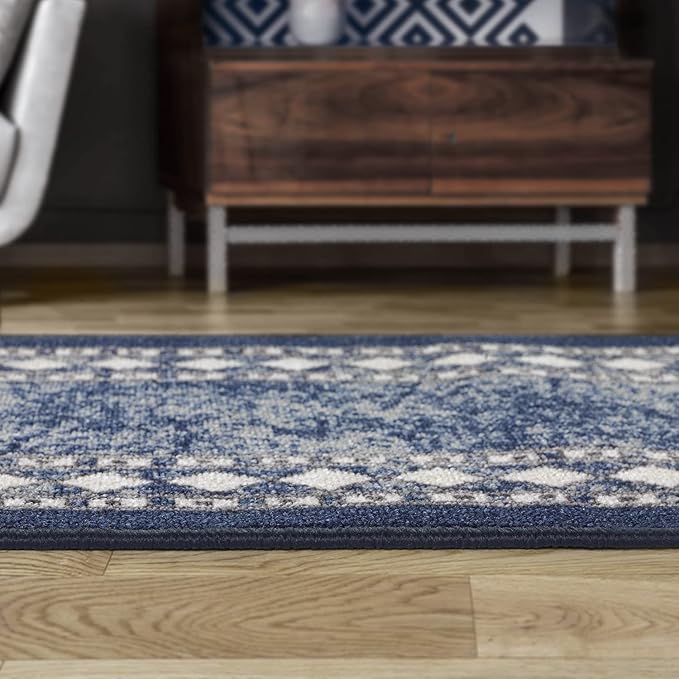 Antep Rugs Alfombras Modern Bordered 2pc Non-Skid (Non-Slip) Low Profile Pile Rubber Backing Indoor Kitchen Runner Rugs (Navy Blue, 2pc Set)