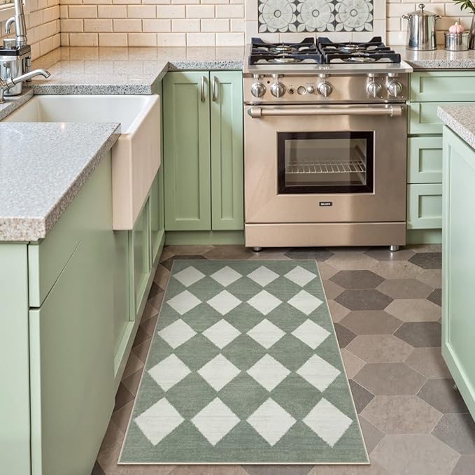 Lahome Checkered Washable 2x3 Green Kitchen Rugs Non Slip, Small Printed Indoor Door Mat for Entryway, Moroccan Trellis Ultra-Thin Throw Carpet for Bedroom Laundry Entrance Decor (2'x3',Green)