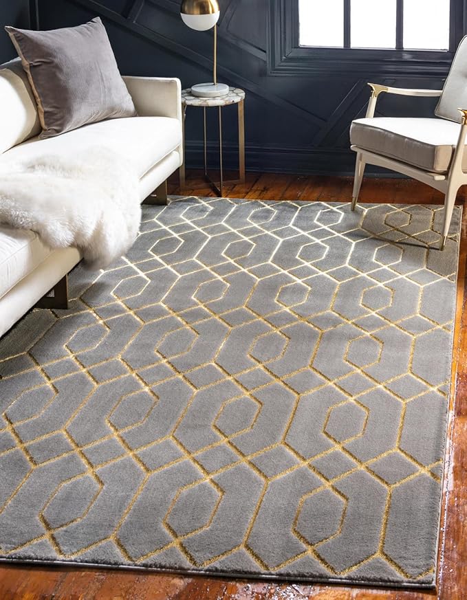 Unique Loom Glam Collection Area Rug - Trellis (3' 3' x 5' 3' Rectangle, Gray Gold/ Gold)