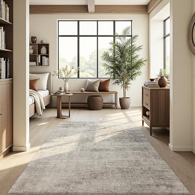Area Rug 4x6 Washable Rug Beige for Living Room, Dining Room, Bedroom, Large Carpets, Non Slip & Non-Shedding Low Pile Vintage Print Rug for Home Office Decor