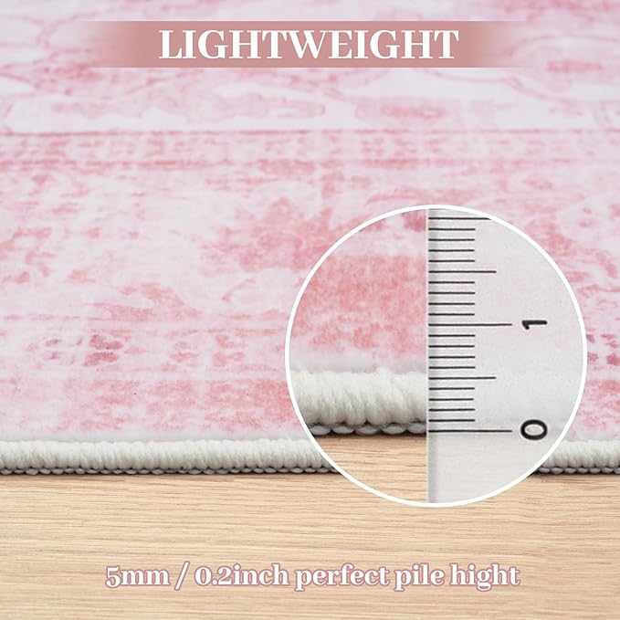LIVEBOX 8x10 Pink Area Rug for Living Room, Vintage Soft Washable Bedroom Area Rugs, Non-Slip Foldable Floral Rug, Indoor Carpet for Dining Room Nursery Dorm Home Decor