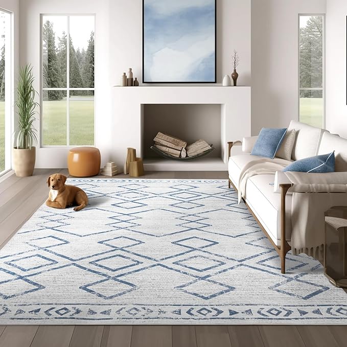 jinchan Moroccan 8x10 Area Rugs for Living Room - Machine Washable Soft Modern Geometric Stain Resistant Ultra-Thin Low-Pile Large Rug Non-Slip Carpet for Bedroom Kitchen Dining Room (8x10ft, Blue)