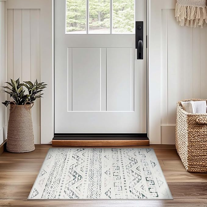 jinchan Boho 2x3 Rugs for Entryway - Machine Washable Doormat Moroccan Soft Throw Rug Bohemian Diamond Non-Slip Carpet for Entrance Kitchen Laundry Room Bedroom (2‘x3', Charcoal)