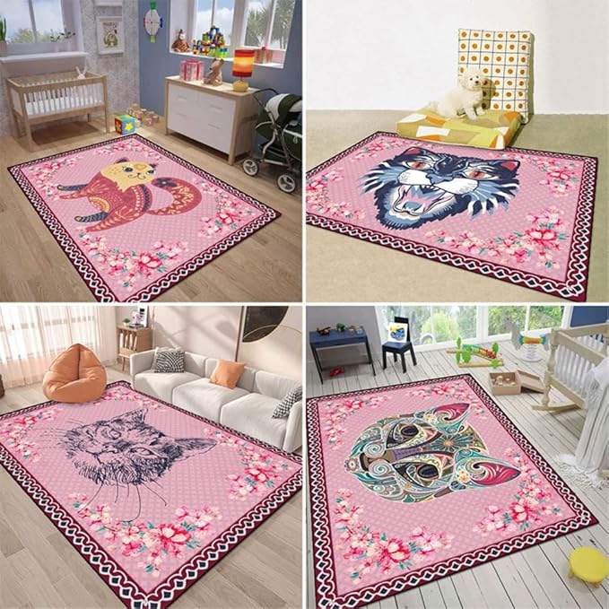 Cartoon Animal Pattern Area Rug Cute Cat Luxury Floral Decor for Carpet Farmhouse Bedroom Living Room Rugs Bathroom Kitchen Runner Mat Indoor Outdoor Non Slip Doormat 2' X 3'