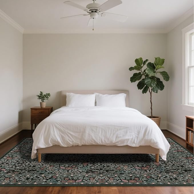 9x12 Washable Area Rugs for Living Room, Stain Resistant Vintage Rugs for Dining Room Under Kitchen Table, Bedroom, Floral Low Pile Non-Slip Large Carpet (9 x 12 Dark Green)