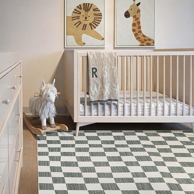 jinchan 6x9 Checkered Area Rugs for Kids Room - Machine Washable Soft Rug Modern Geometric Lattice Non-Slip Carpet for Nursery Playroom Classroom Living Room Bedroom Dining Room Home Office Grey