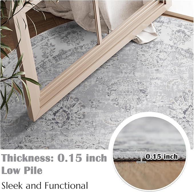 jinchan Fiora Round Rug 4ft Area Rugs Vintage Floral Distressed Design - Machine Washable Non-Slip Low-Pile Ultra-Thin Circle Rug for Entryway Bedside Living Room Dining Room Bedroom (4' Round, Grey)