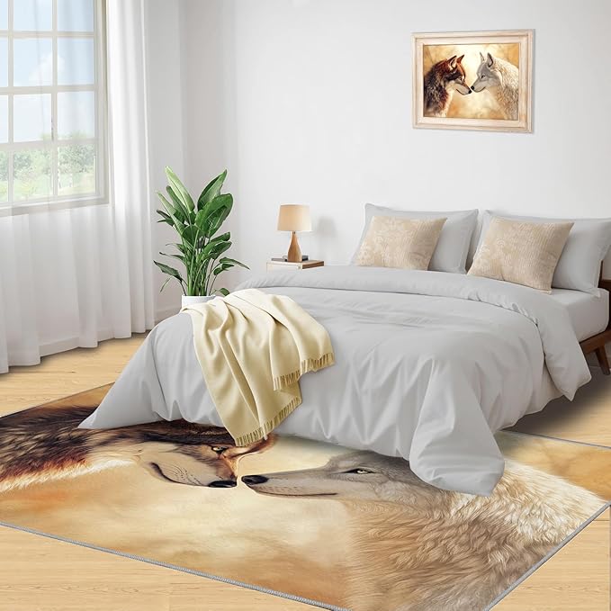 Wolf Rugs for Bedroom - 3x4 Area Rug - 3D Wolf Rugs for Living Room, Misty Forest Rug, Non-Slip Washable Home Decor Carpet