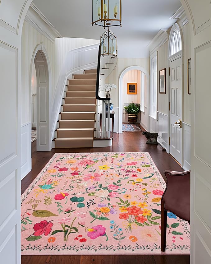 Area Rug 9x12, Washable Large Rugs for Living Room, Non Slip 0.27" Low Pile Vintage Floral Large Carpet for Bedroom, Dining Room, Kids Playroom (Pink)