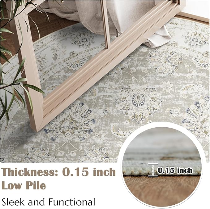 jinchan Round Rug 5ft Area Rugs Vintage Floral Distressed Design - Machine Washable Non-Slip Low-Pile Ultra-Thin Circle Rug for Entryway Bedside Living Room Dining Room Bedroom (5' Round,Taupe)