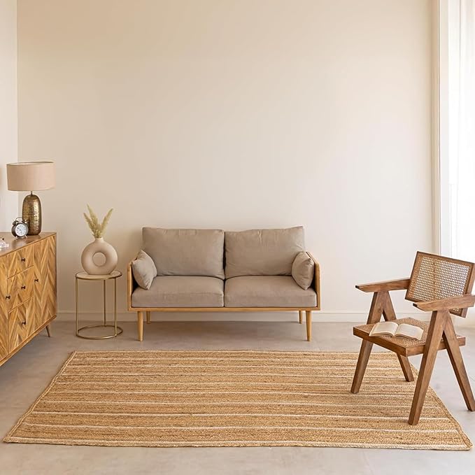 HOMEMONDE Natural Braided Jute Rug 3x5 ft - Hand Woven Off White Stripe Rustic Vintage Reversible Area Rugs for Bedroom, Kitchen, Living Room, Dining Room, Entryway and Doormat