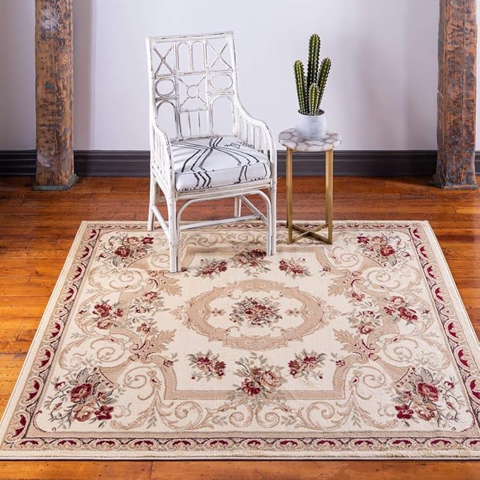 Unique Loom Versailles Collection Traditional Classic Floral Motif Area Rug (6' 0 x 6' 0 Square, Ivory/ Tan)