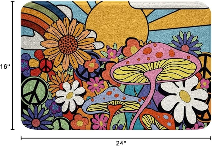 Kawaii Mushroom Bathroom Rugs Boho Sun Bath Mat Hippie Groovy Floral Non Slip Bath Rugs 60s 70s Retro Vintage Theme Fluffy Plush Rugs 16x24 Chic Daisy Flower Shower Carpet Geometric Striped Decor
