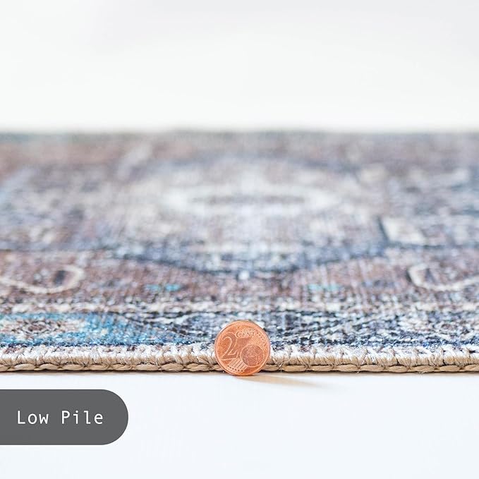 GLN Rugs Traditional Collection - Machine Washable Area Rug, Traditional Washable, Non Slip, Low Pile Chenille Rug, Living Room, Bedroom, Kitchen Rug (5' x 7' Brown/Blue)