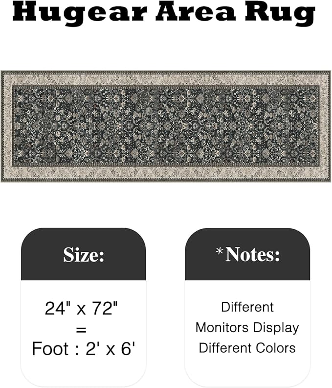 HUGEAR 2x6 Runner Rug Machine Washable Black Beige Hallway Area Rugs Indoor Accent Rugs Floral Low Pile Carpet Distressed Throw Rugs Bedroom Living Room Office Dining Kitchen Laundry Non Slip