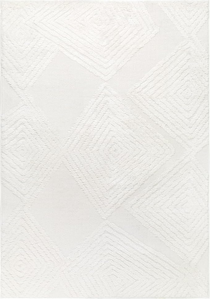 Antep Rugs Palafito 5x7 Geometric Shag Diamond High-Low Pile Textured Indoor Area Rug (White, 5'3" x 7'6")