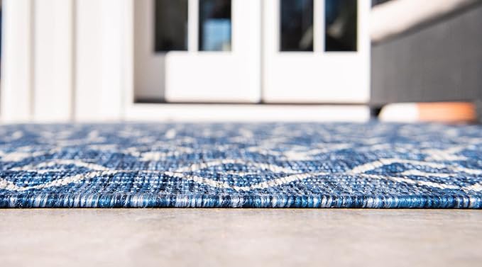 Unique Loom Outdoor Trellis Collection Area Rug - Tribal Trellis (2' 7" x 12' Runner, Blue/ Ivory)