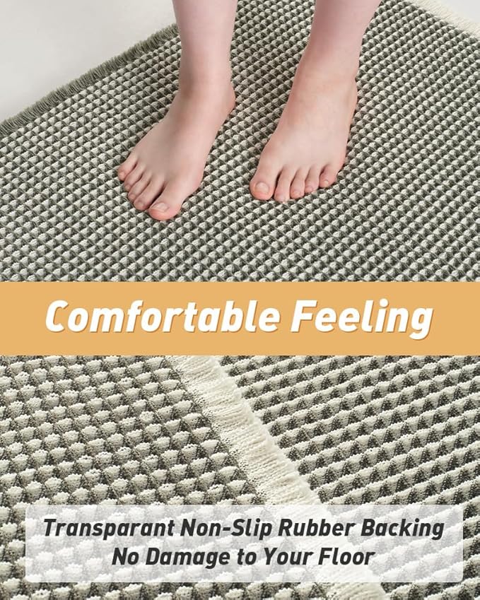 AMOAMI Upgraded Waffle Bath Mat, Super Absorbent Non Slip Bath Mats for Bathroom Floor, Machine Washable Bathroom Rugs with Tassels, Rubber Backed Bathroom Mats, Ultra Soft, 17" x 24", Green & Cream