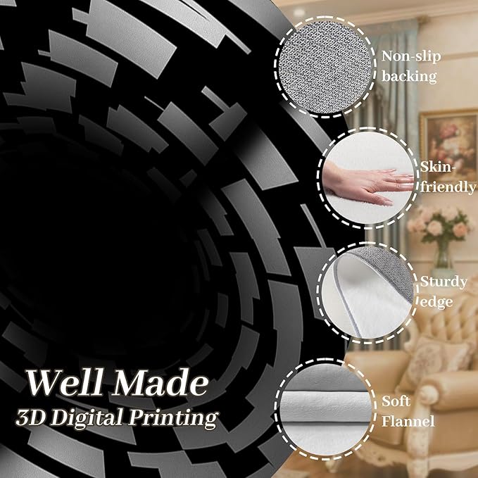 3D Illusion Swirl Area Rugs, 5x8ft, Modern Abstract Grid Black Hole Living Room Carpet, Geometric Black White Check Washable Carpets, Ultra Soft Cozy Shed Resistant Mat for Indoor