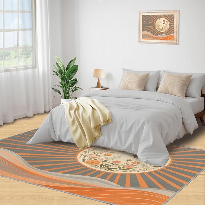 Boho Sun Area Rugs 3x5ft, Minimalist Line Boys Rugs for Bedroom, Geometric Solar Kids Room Rug Soft Fuzzy Washable for Living Room Game Room Coffee Table