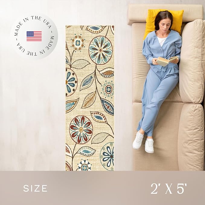 Maples Rugs Reggie Floral Runner Rug - Made in USA - Washable, Non Slip Indoor Carpet for Kitchen, Hallway, and Laundry Room, 2' x 5', Beige