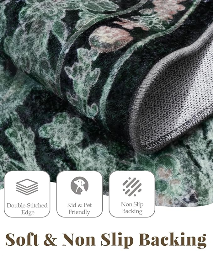 Lunasun Boho Dark Green Botanical 2x6 Washable Long Kitchen Runner Rug - Floral Throw Rug for Hallway, Bathroom, Indoor Entrance, Laundry, Bedroom - Soft Vintage Front Door Mat with Low Pile Non Skid