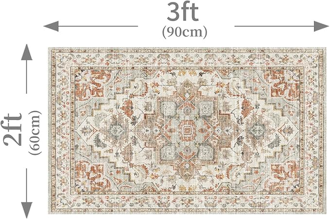 Enkor Area Soft Rugs 2x3 Washable Non Slip Boho Small Floor Entryway Rugs for Living Room Bedroom, Vintage Style Farmhouse Mat for Kitchen Beige & Orange