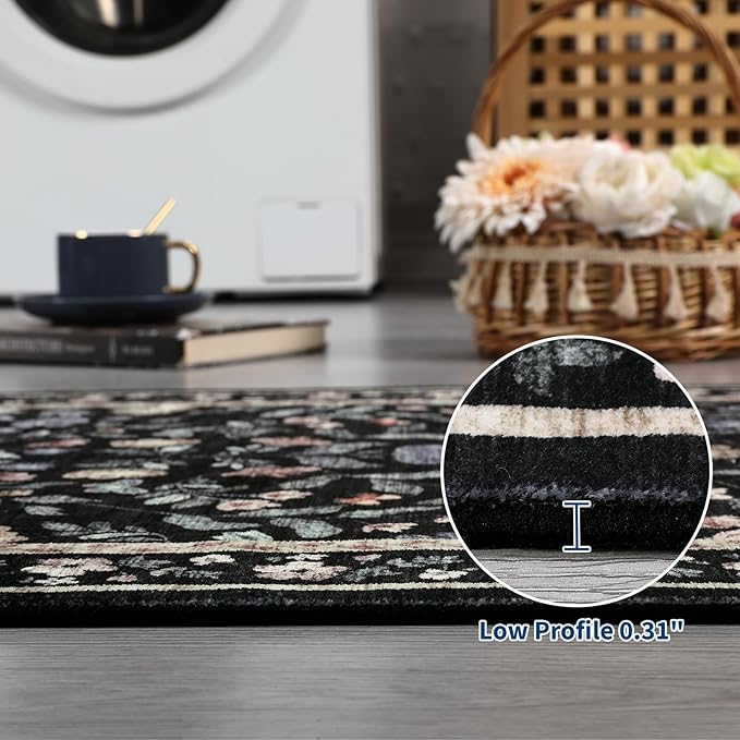 GarveeHome Floral Rug 4 x 6, Non-Shedding Indoor Foldable Printed Rug for Bedroom Kitchen, Non-Slip Soft Vintage Throw Low Pile Farmhouse Washable Carpet, Black