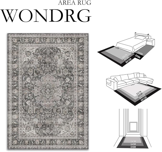 2x6 Washable Vintage Runner Rug Black Grey Hallway Kitchen Carpet Non-Slip Soft Low Pile Distressed Throw Rug for Bedroom Bathroom Laundry Living Room