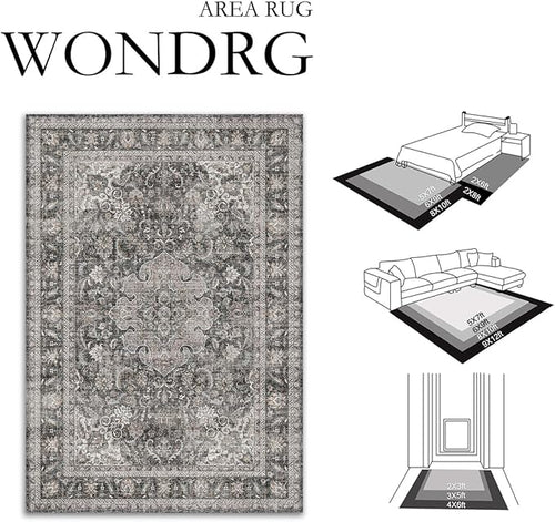 2x6 Washable Vintage Runner Rug Black Grey Hallway Kitchen Carpet Non-Slip Soft Low Pile Distressed Throw Rug for Bedroom Bathroom Laundry Living Room
