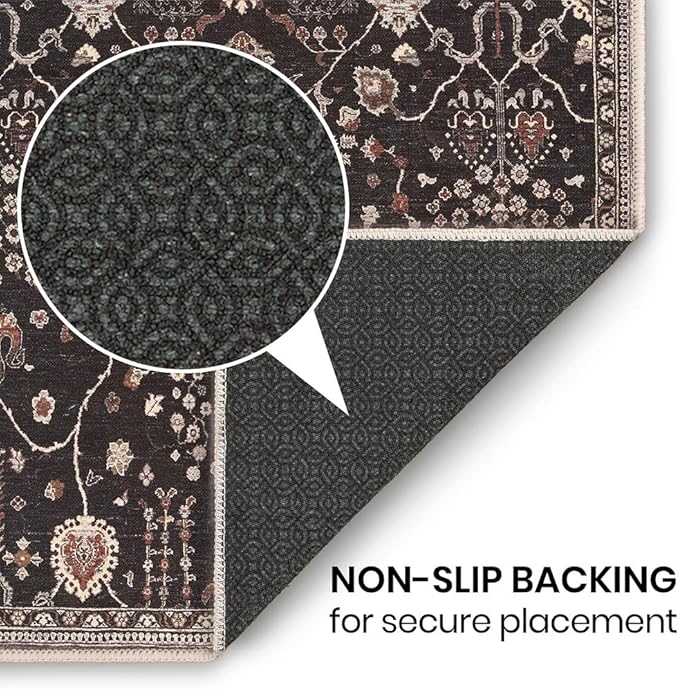 GLN Rugs Traditional Collection - Machine Washable Area Rug, Traditional Washable, Non Slip, Low Pile Chenille Rug, Living Room, Bedroom, Kitchen Rug (3' x 5' Black)