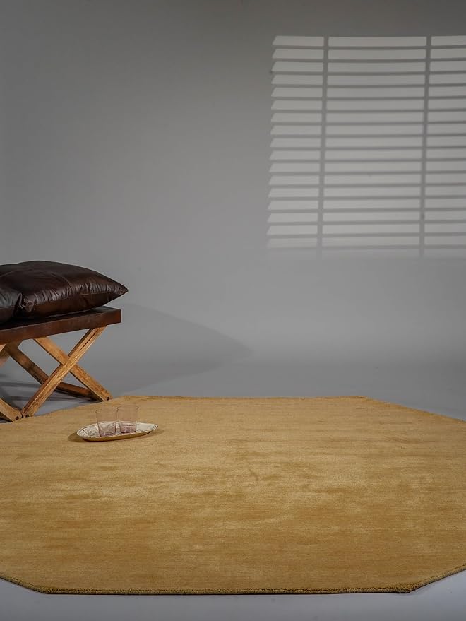 Hand Knotted Loom Wool ECO-Friendly Area Rugs - 8'x8', Octagon, Gold Color, Solid Plain Design, High Pile Thick Handmade Anti Skid Area Rugs for Living Room, Bed Room (L00111)