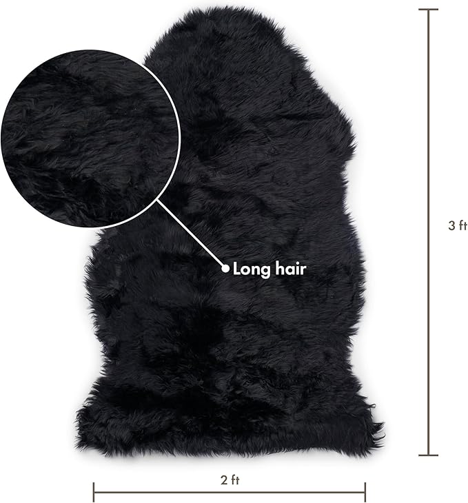 Sheepskin Long Hair 2x3 ft | Bedside Rugs for bedrooms, Sofa, Chair or The Dining Table | Each Sheepskin Rug is Unique and Created by Nature | Small Fluffy Rug in Color Black