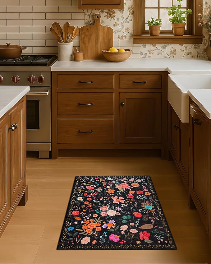 Boho Floral Entryway Rug 2x3, Washable Small Mat for Bathroom and Kitchen, Non Slip Front Door Mat Indoor Entrance, Vintage Style Flower Mat with Rubber Backing, Soft Area Rug for Entry Way (Black)