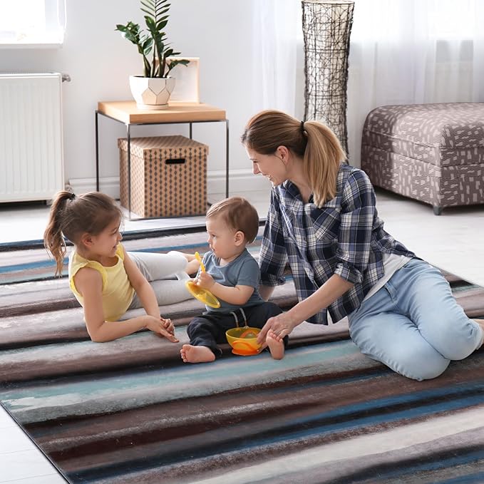 Abstract 8x10 Area Rug, Modern Stripe Rugs for Living Room, Washable Soft Large Non-Slip Floor Carpet for Dining Room Office Bedroom Farmhouse Decor - Blue/Brown/Multi