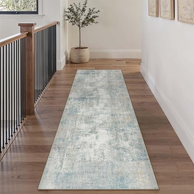 2x7 Washable Runner Rug Blue Cream Abstract Hallway Kitchen Throw Rug Neutral Modern Non Slip Soft Low Pile Lightweight Carpet for Bathroom Laundry Bedroom Living Room