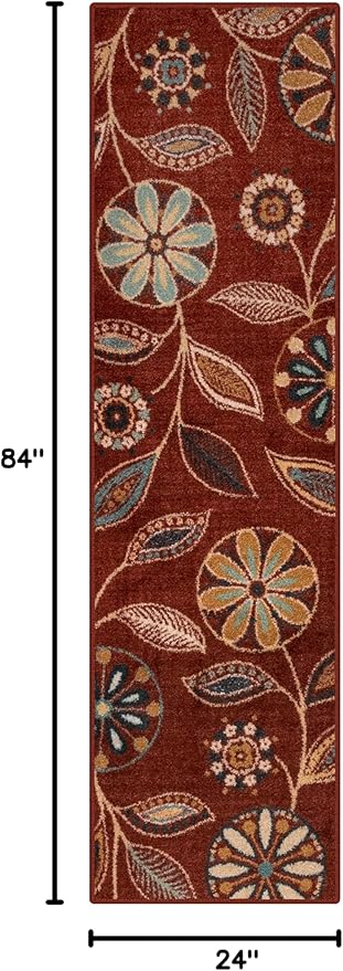 Maples Rugs Reggie Floral Runner Rug - Made in USA - Washable, Non Slip Indoor Carpet for Kitchen, Hallway, and Laundry Room, 2' x 7', Merlot