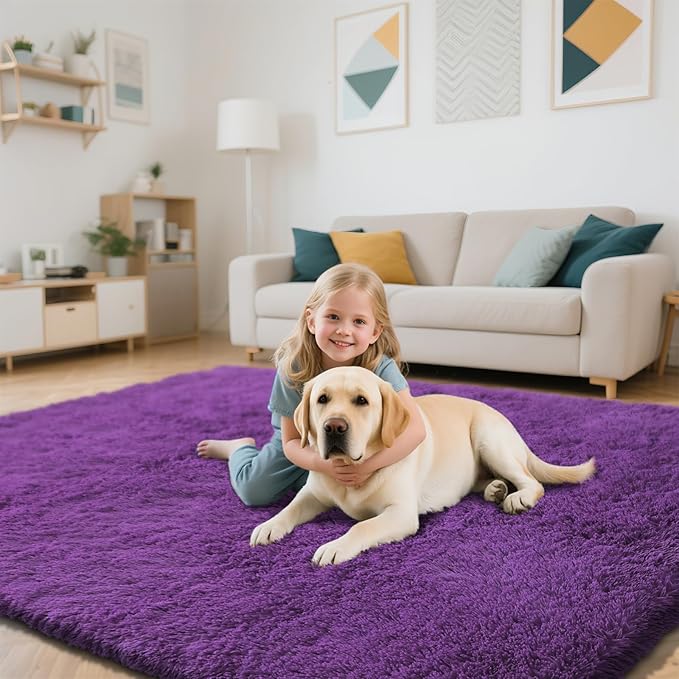 Purple Fluffy Rug Shaggy Area Rug, 4x6 Area Rugs for Girls Bedroom, Soft Cute Baby Play Mat, Indoor Floor Carpet for Teen, Nursery, Preppy Dorm, Plush Aesthetic Bedside Rug