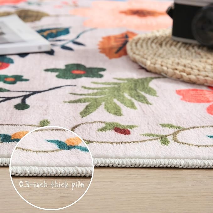 Rugcomf Round Rug 4ft Washable Circle Rug Non Slip Low Pile Boho Floral Small Circular Rug for Bedroom, Bathroom, Entryway, Kids Room, Office, College Dorm(Beige)