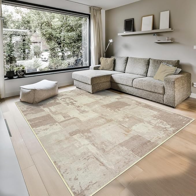 GLN Rugs Contemporary Collection - Machine Washable Area Rug, Contemporary Washable, Non Slip, Low Pile Chenille Rug, Living Room, Bedroom, Kitchen Rug (8' x 10' Abstract Tan)