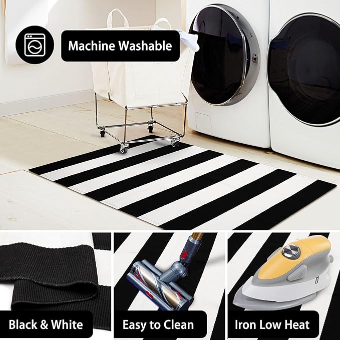 KOZYFLY Black and White Striped Rug Doormat 23.5' x 35.4' Cotton Woven Washable Black Indoor Outdoor Rugs for Layered Door Mats Porch/Kitchen/Farmhouse