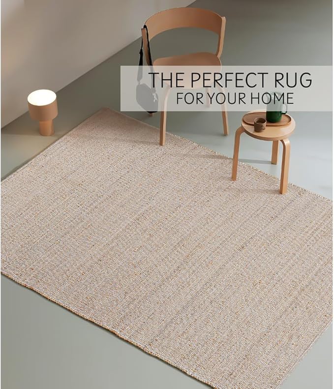 Hand Woven Jute Cotton Area Rug 5'x8' ft Rectangle Natural Farmhouse Rug for Living Room, Bedroom Kitchen - Rustic Vintage Bohemian Eco-Friendly Carpet Home Décor 60"x96" Natural