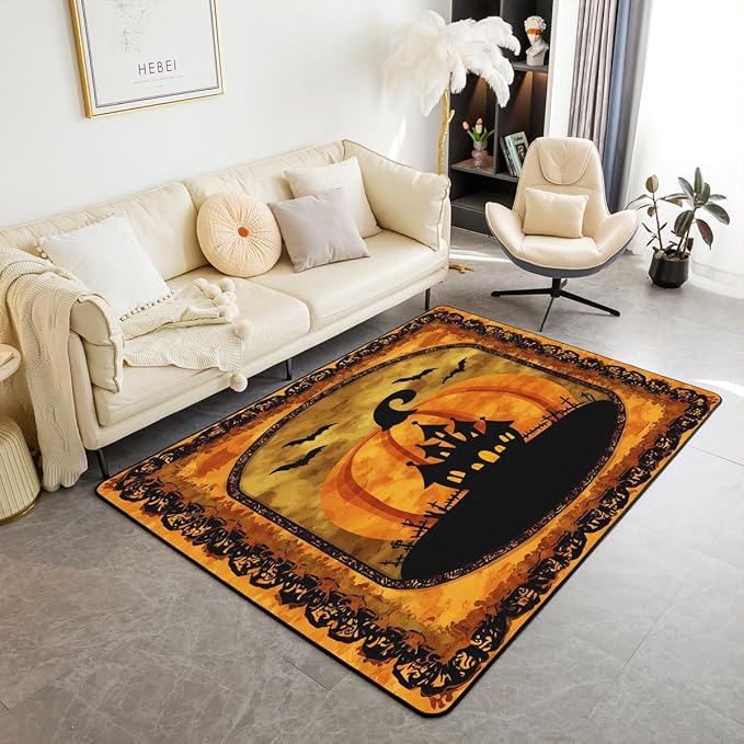 Halloween Pumpkin 3 x 5 Area Rug Spooky Haunted House Rugs for Living Room | Vintage Gothic Washable Rug, Castle Silhouette Carpet Indoor Floor Mat,Bats Halloween Decoration