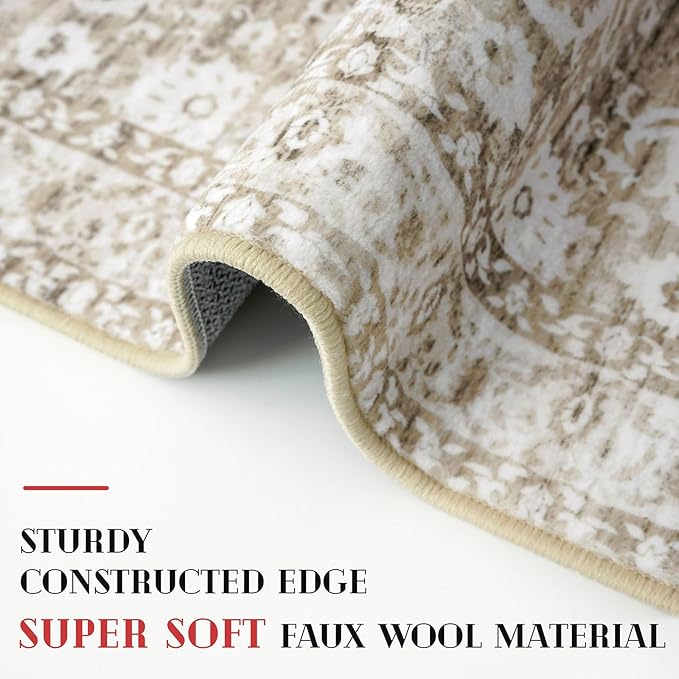 Vintage Floral 2x6 Runner Rug, Beige Tan White Washable Kitchen Runner Rug Non-Slip Neutral Hallway Rug Runner Thin Printed Faux Wool Super Soft Carpet for Entryway Bedroom Laundry Room Indoor