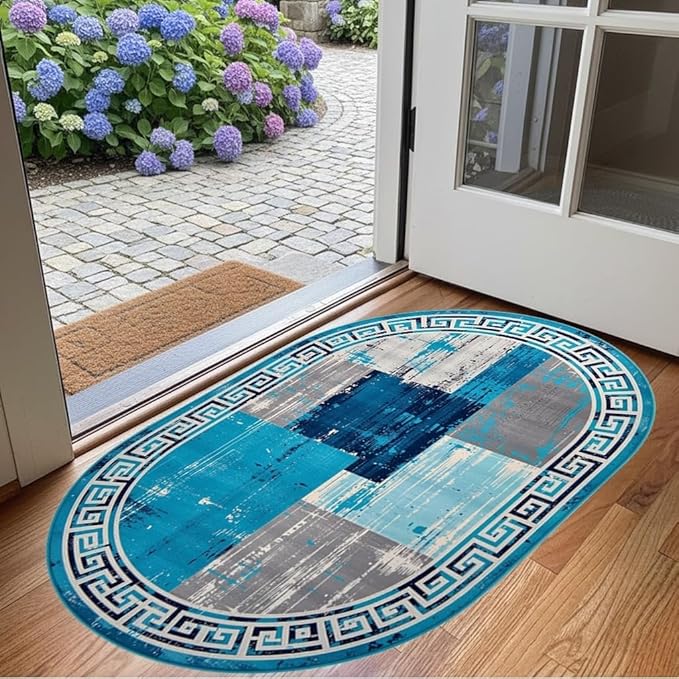 Distressed Blue Grey Greek Key Pattern Indoor Area Rug 3x5 for Living Room Bedroom Dining Room Faux Wool Anti Slip Floor Mats Nursery Entryway Minimalist Geometric Texture Bordered Rugs Retro Carpet