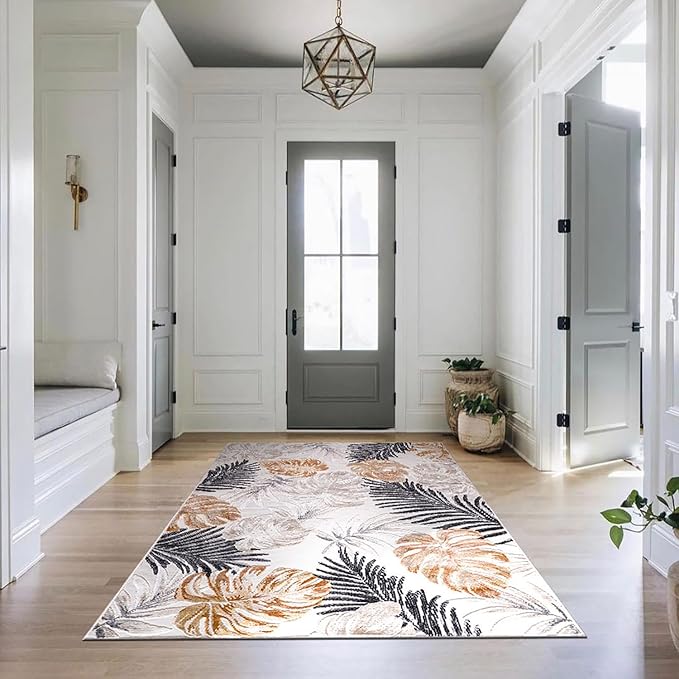 CAMILSON Indoor Outdoor Rug, Yellow 10’x14’ Leaf Tropical Botanical Area Rugs for Indoor and Outdoor patios, Easy-Cleaning Non-Shedding Living Room, Garden and Kitchen Washable Outside Carpet (10x14)