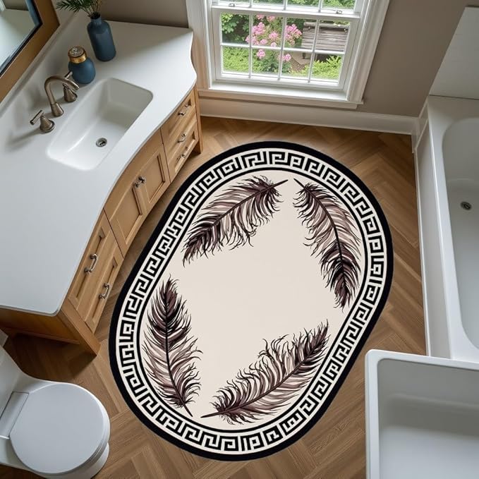 Light Beige Tan Black Greek Key Pattern Bordered Large Rugs for Living Room Bedroom Dining Room Machine Washable Non Skid Soft Area Rug 5x7 Nursery Dorm Guestroom Minimalist Oval Floor Mats Carpet