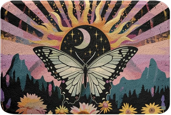 Erosebridal Boho Butterfly Bath Mat Hippie Yin and Yang Non Slip Bath Rugs Rainbow Geometric Striped Cozy Bathroom Rug 16x24 Bohemian Swirl Spiral Bathroom Accessories Minimalism Mountain Bedroom Rug