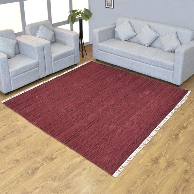 Rugsotic Carpets Hand Woven Flat Weave Kilim Wool ECO-Friendly Area Rugs - 6'x6', Square Shape, Dark Red Color, Solid Plain Design, Low Pile Handmade Area Rugs for Living Room, Bed Room (D00111)