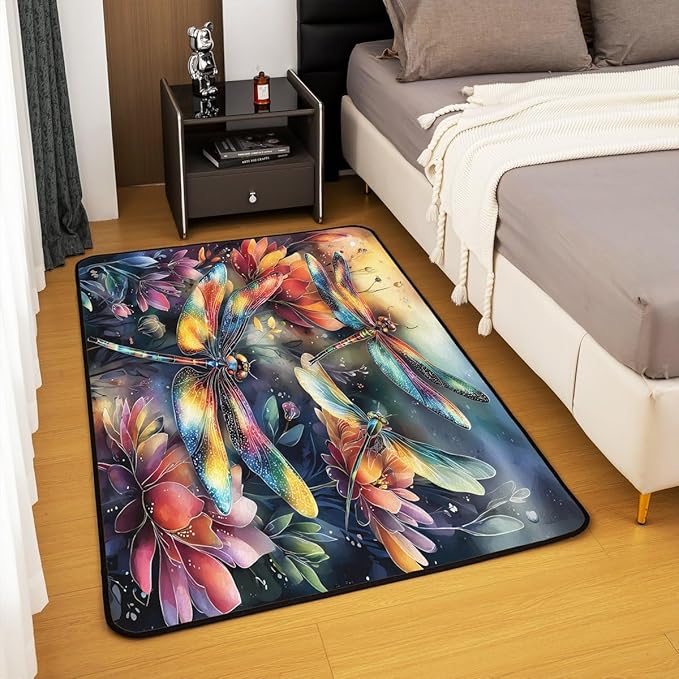 Dragonfly 5x7 Area Rug Colorful Flowers Living Room Rug | Watercolor Beetles Rugs for Bedroom, Dreamy Rustic Aesthetic Animal Carpet Indoor Floor Mat